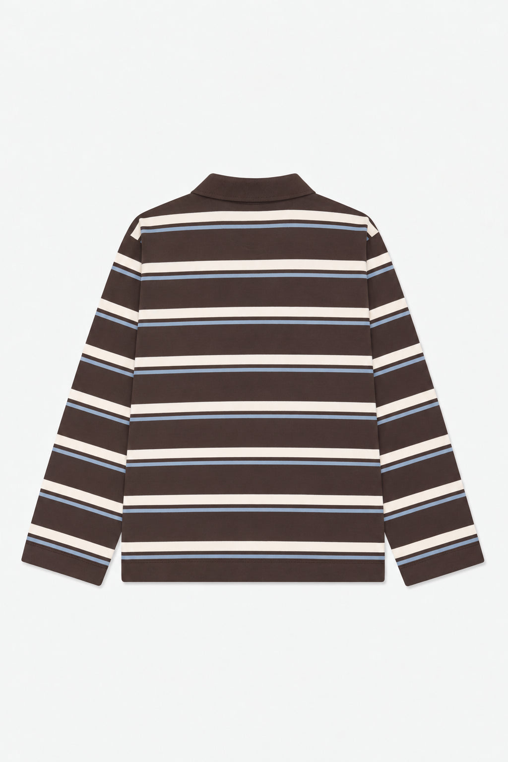 Rückansicht eines langärmligen Poloshirts mit Kragen und breiten dunkelbraunen und cremefarbenen Streifen, die von dünnen blauen Linien eingefasst sind