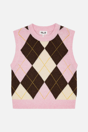 Front view of a sleeveless knitted vest with a pink, brown and cream argyle pattern, fine yellow accents and ribbed trims.