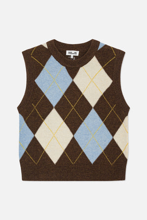 Front view of a brown knitted sleeveless sweater vest with blue and cream argyle diamonds and yellow stitching.