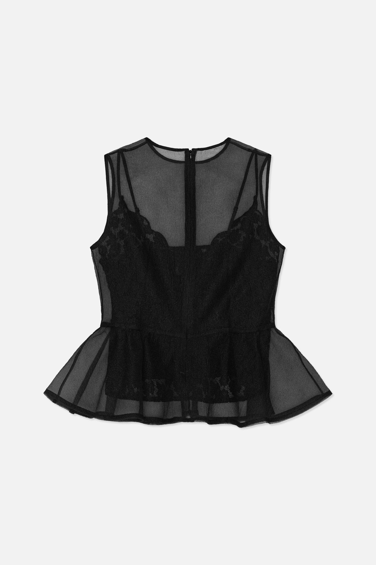 Back view of a black sheer sleeveless top with lace panels, a centre-back zip and a flared peplum hem.