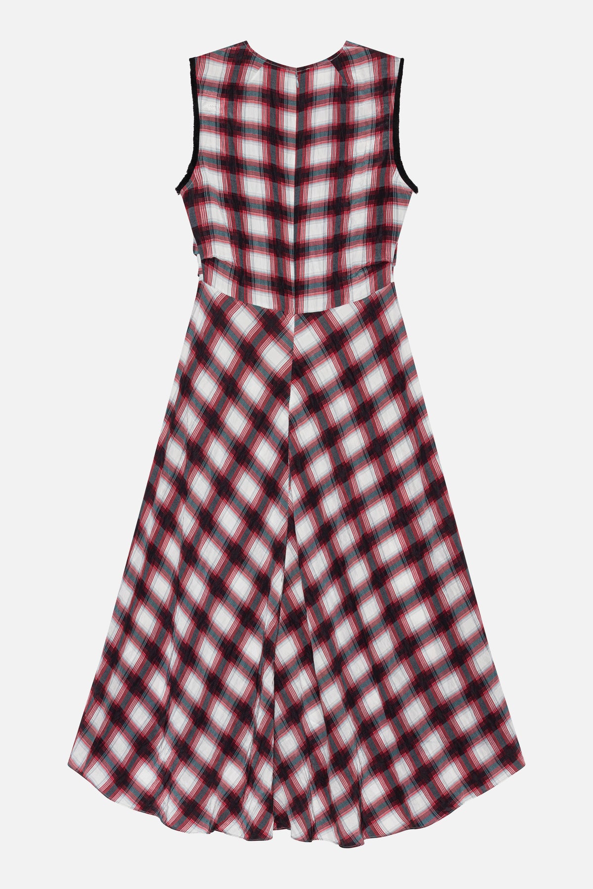 Achteraanzicht van een mouwloze jurk met aansluitende taille en een uitlopende rok, geruit in rood, marineblauw en wit, met een zwarte bies bij de armgaten.