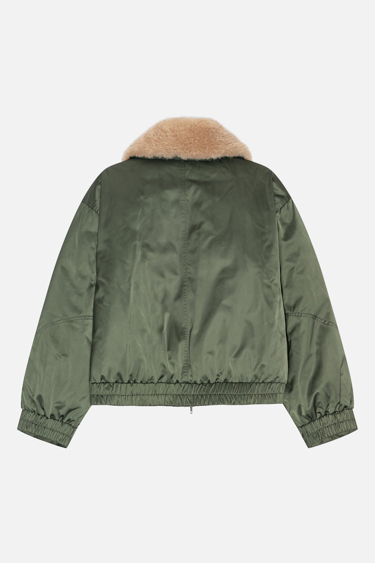 Back view of an olive green jacket with a beige fuzzy collar and gathered elastic cuffs and hem.