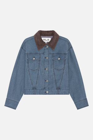 Front view of a blue denim jacket with a dark brown corduroy collar, button closure, and two flap chest pockets.