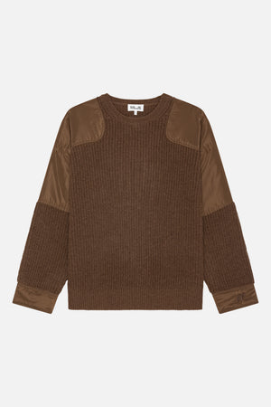 Front view of a brown textured knit sweater with a crew neck and smooth fabric panels across the shoulders, upper sleeves and cuffs.