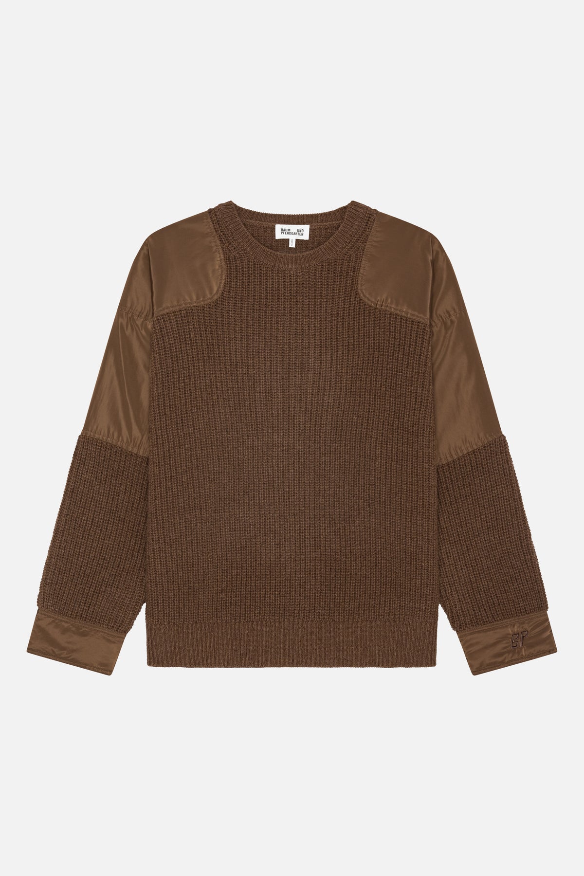 Front view of a brown textured knit sweater with a crew neck and smooth fabric panels across the shoulders, upper sleeves and cuffs.