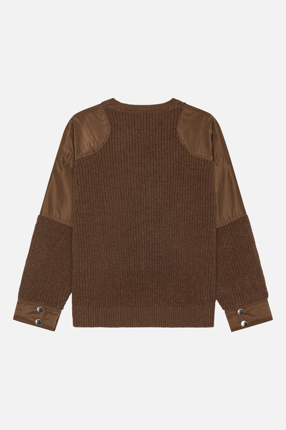 Brown textured knit sweater shown from the back, with smooth contrasting shoulder and sleeve panels and snap-button cuffs.