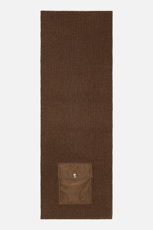 Long brown rib-knit scarf with a matching fabric patch pocket, snap-button flap and embroidered BP initials.
