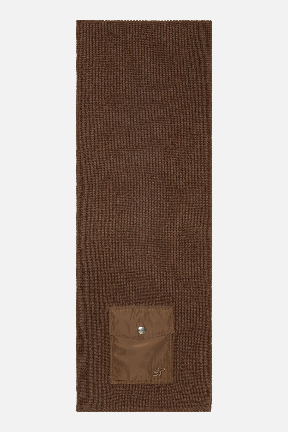 Long brown rib-knit scarf with a matching fabric patch pocket, snap-button flap and embroidered BP initials.