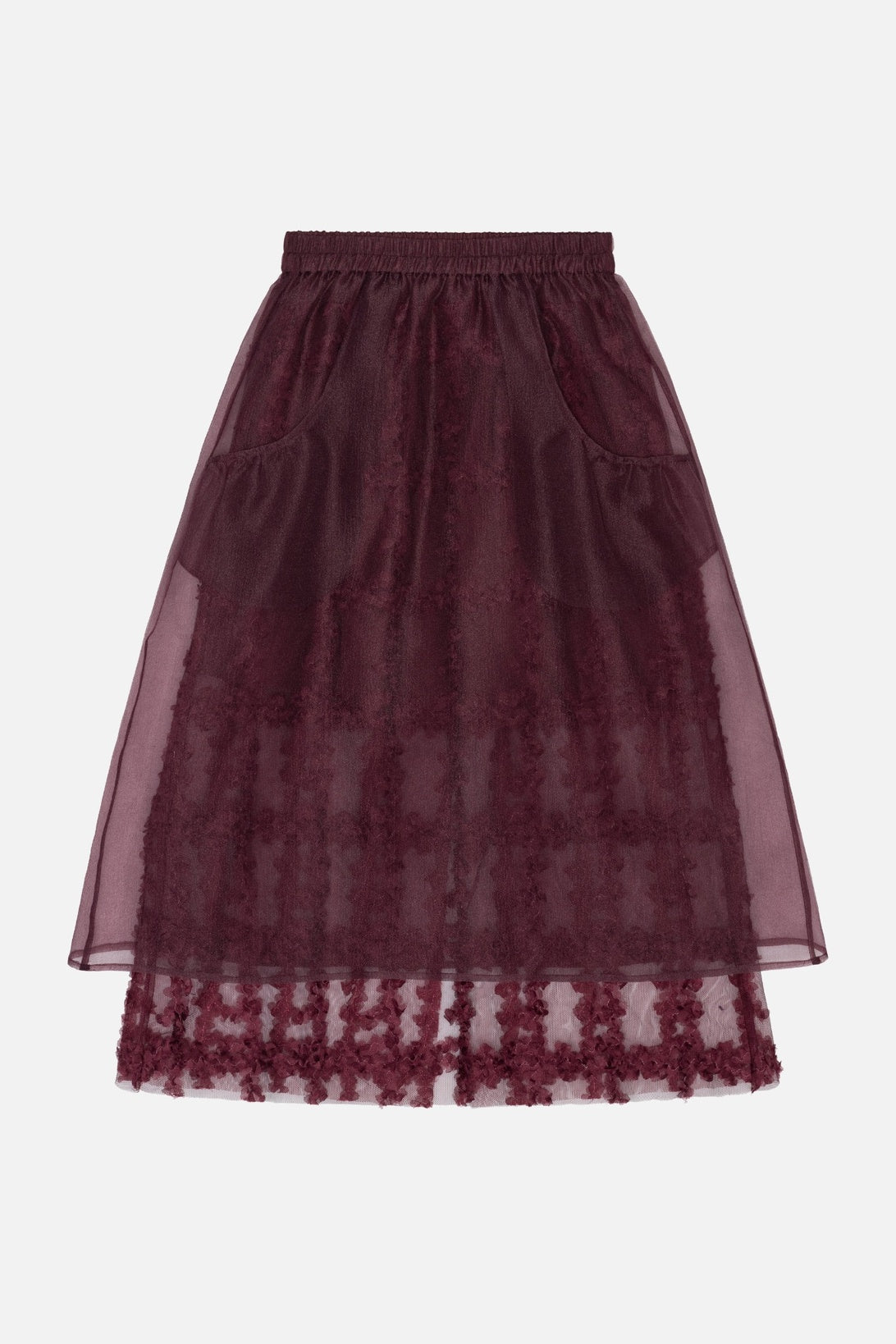 Burgundy A-line skirt with an elastic waistband, sheer overlay, side pockets and floral detailing along the hem.