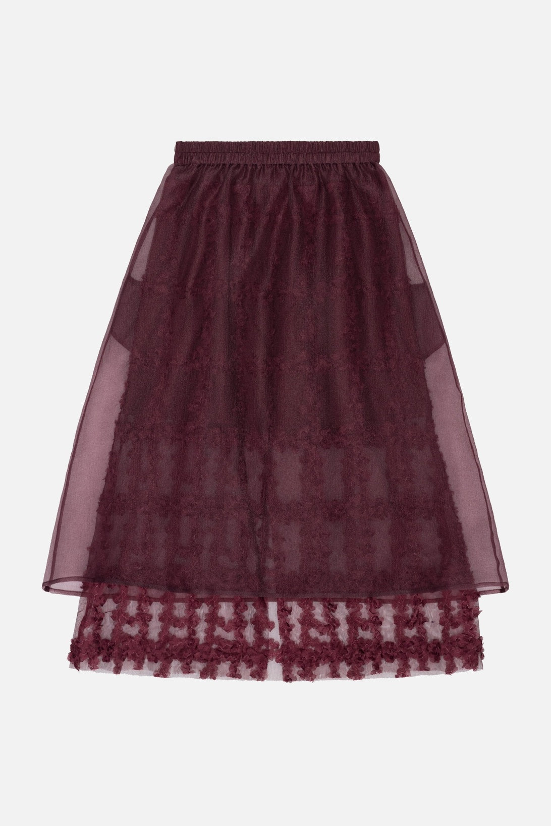 Front view of a plum layered tulle skirt with an elastic waistband and a sheer overlay over a floral-textured hem.