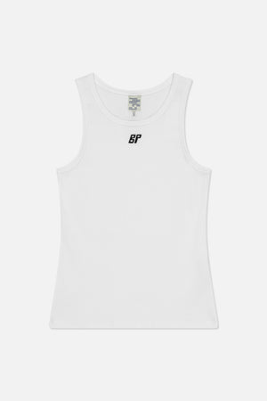 White ribbed tank top with a scoop neckline and black BP chest logo, shown from the front.