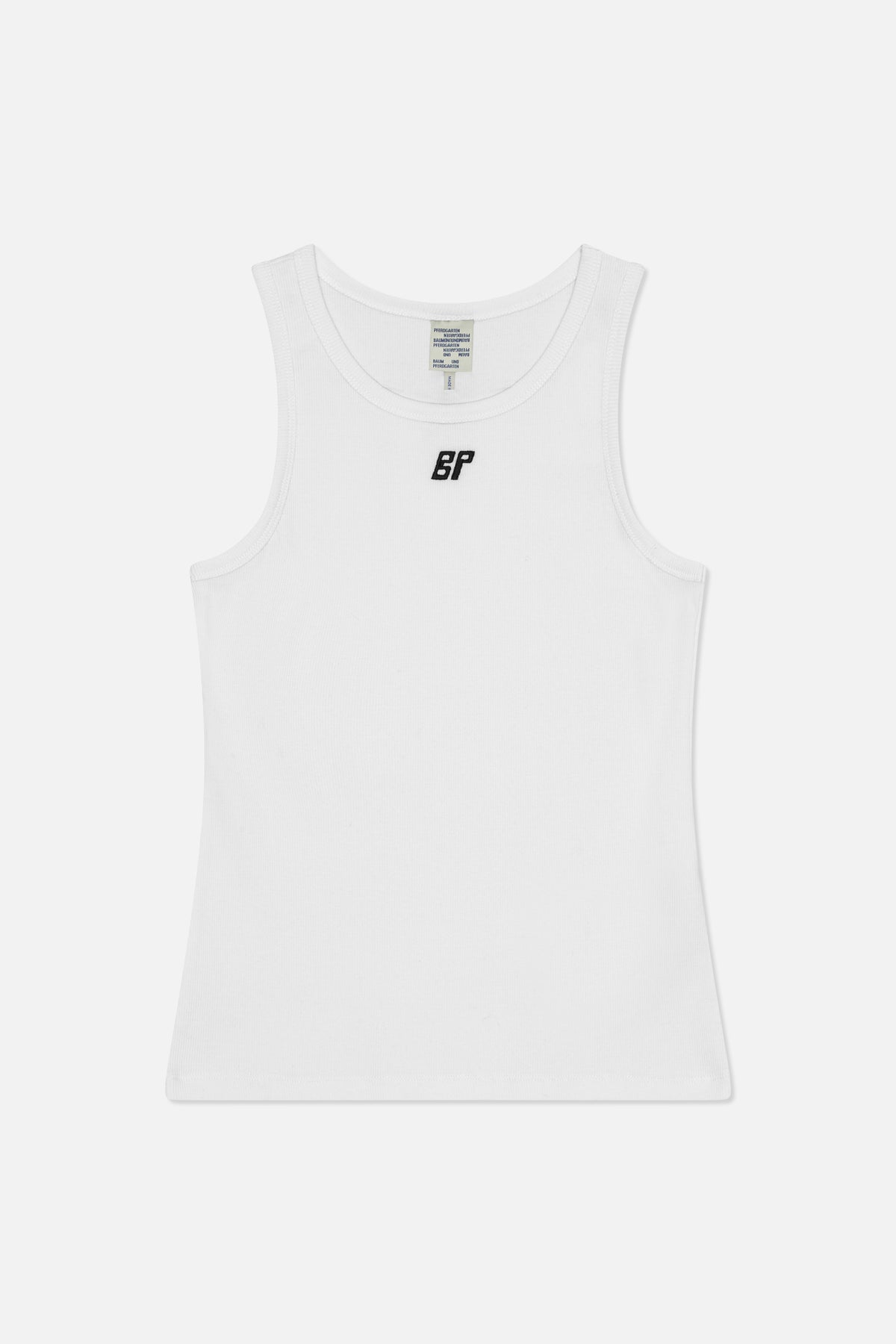 White ribbed tank top with a scoop neckline and black BP chest logo, shown from the front.