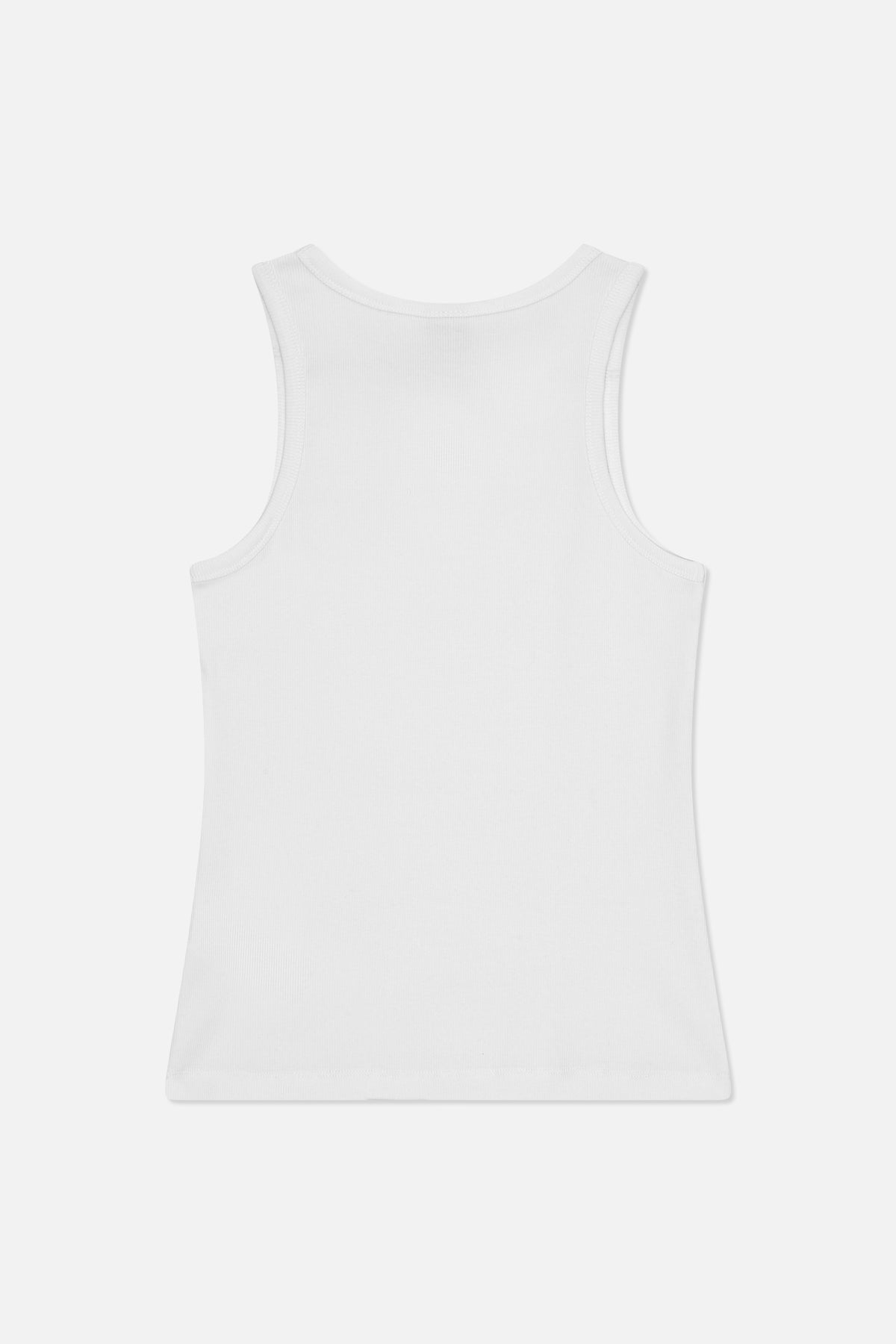 White ribbed sleeveless tank top with a scoop neckline and wide shoulder straps, shown flat from the back.