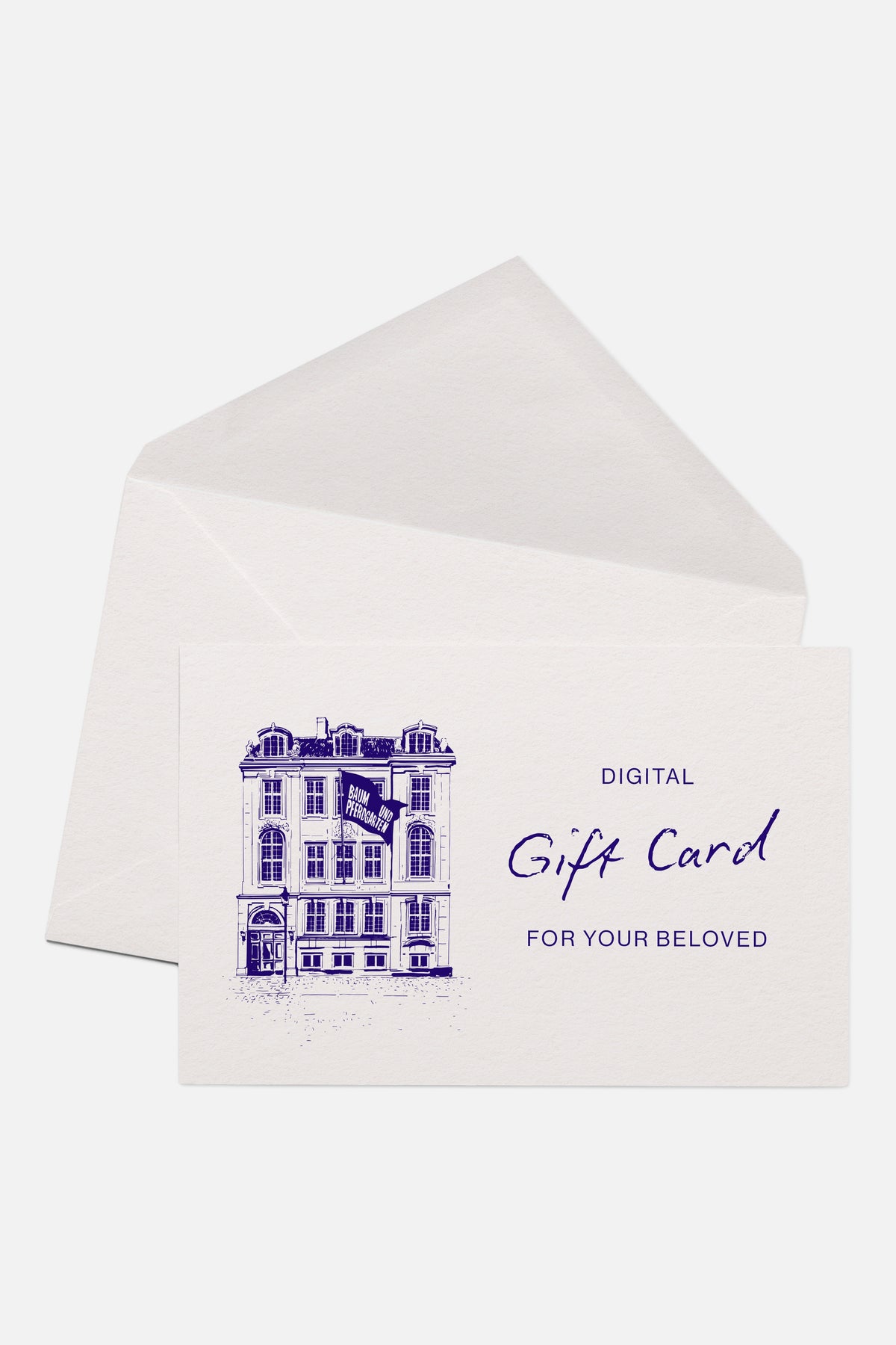 Cream digital gift card and envelope with a navy townhouse illustration and the text “Gift Card for Your Beloved.”
